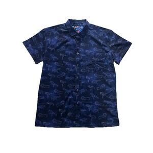 Retro Rifle Zodiac Button Down Shirt Size‎ Large Navy Blue Galaxy Short Sleeve